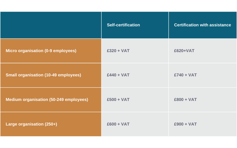 Cyber Essentials costs table